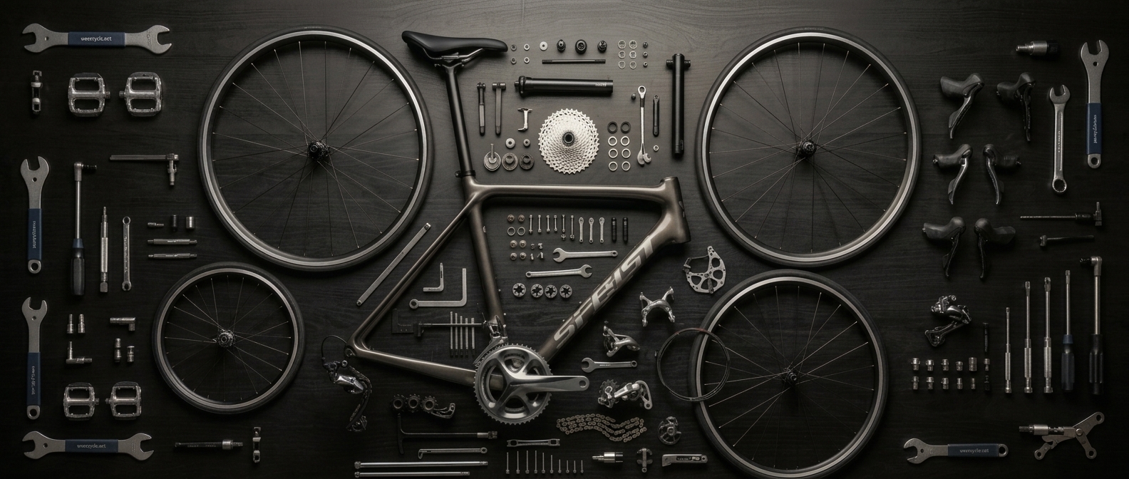 Bike frame, wheels and tools laid out on a workshop bench